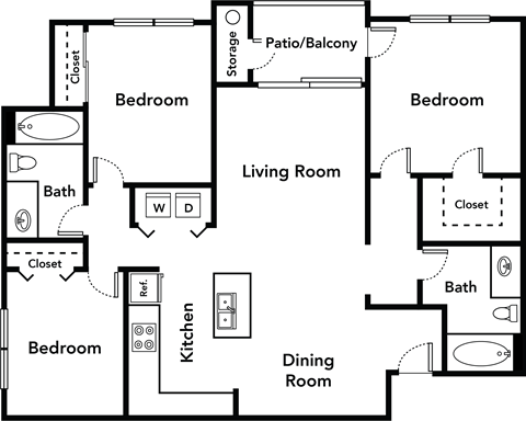 Floor plan for 3 beds, 2 baths, 1099 sqft